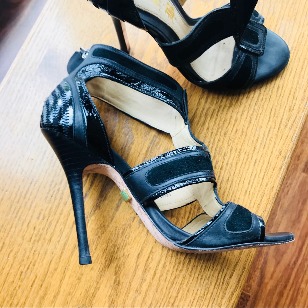L.A.M.B Super Sexy High Heel Leather Black Sandals
